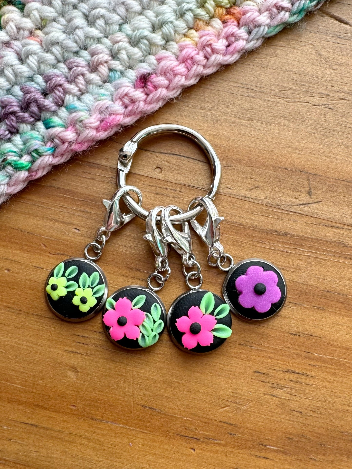 Neon Wildflower Stitch Markers, Progress Keepers for Knitting and Crochet