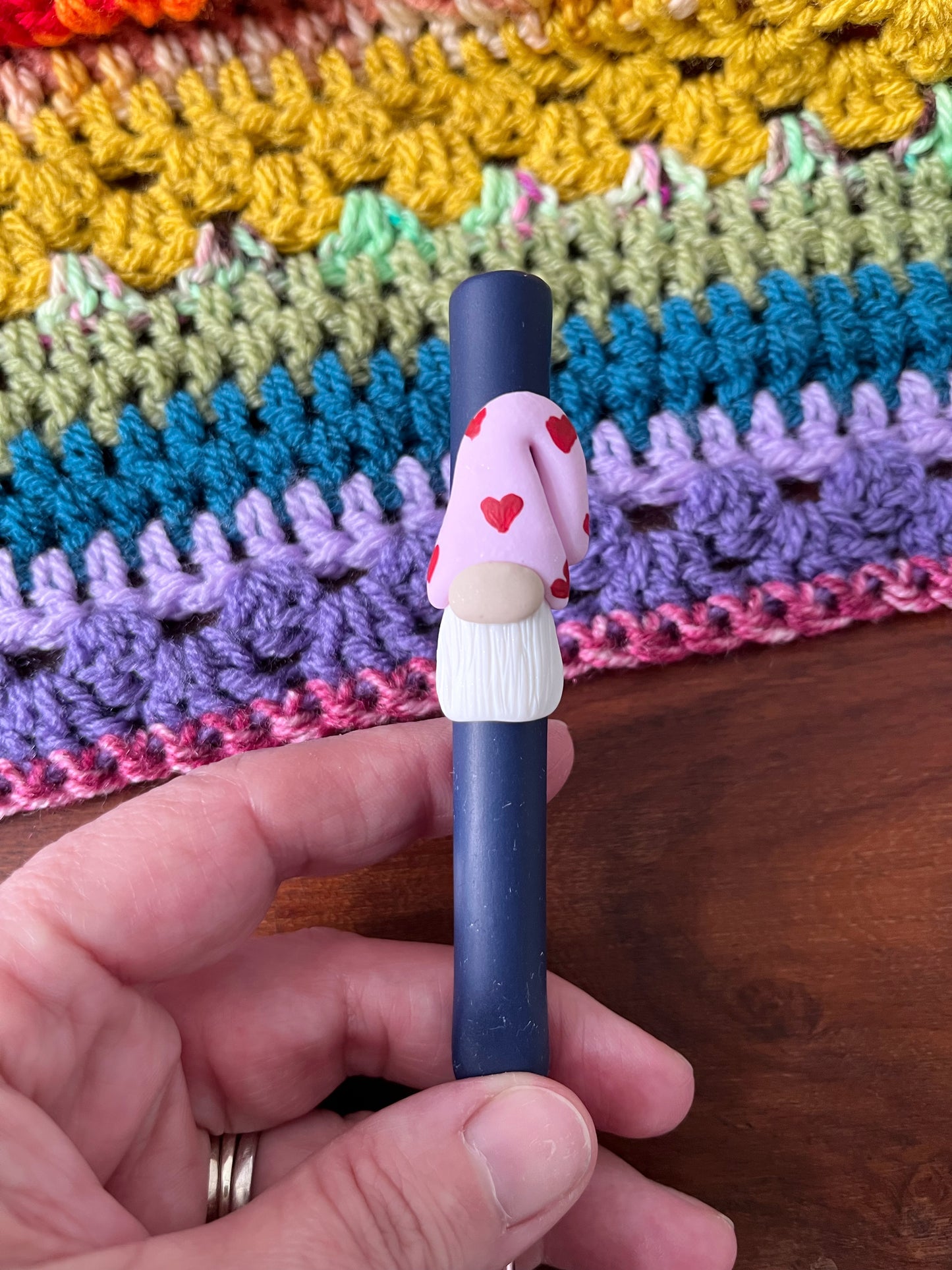 Pink heart gnome crochet hook, polymer clay pastel crochet hooks, gonk crochet hooks