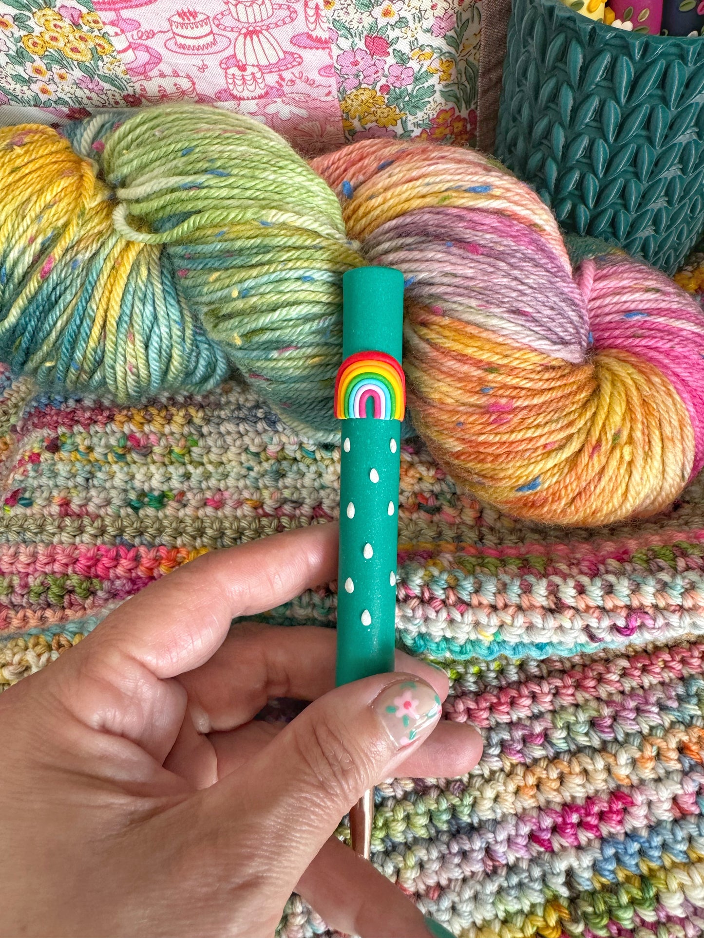 Jade Rainbow Crochet Hook, Raindrops Polymer Clay Crochet Hook