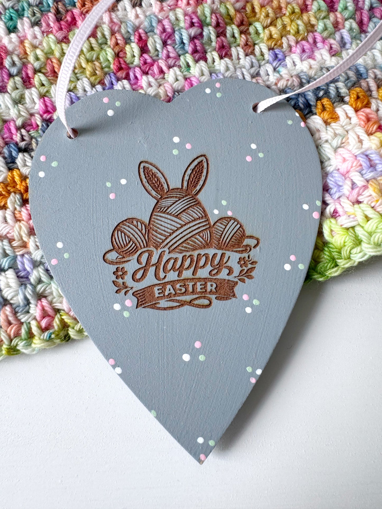 Happy Easter Hanging Heart, Yarn Lovers Easter Prop
