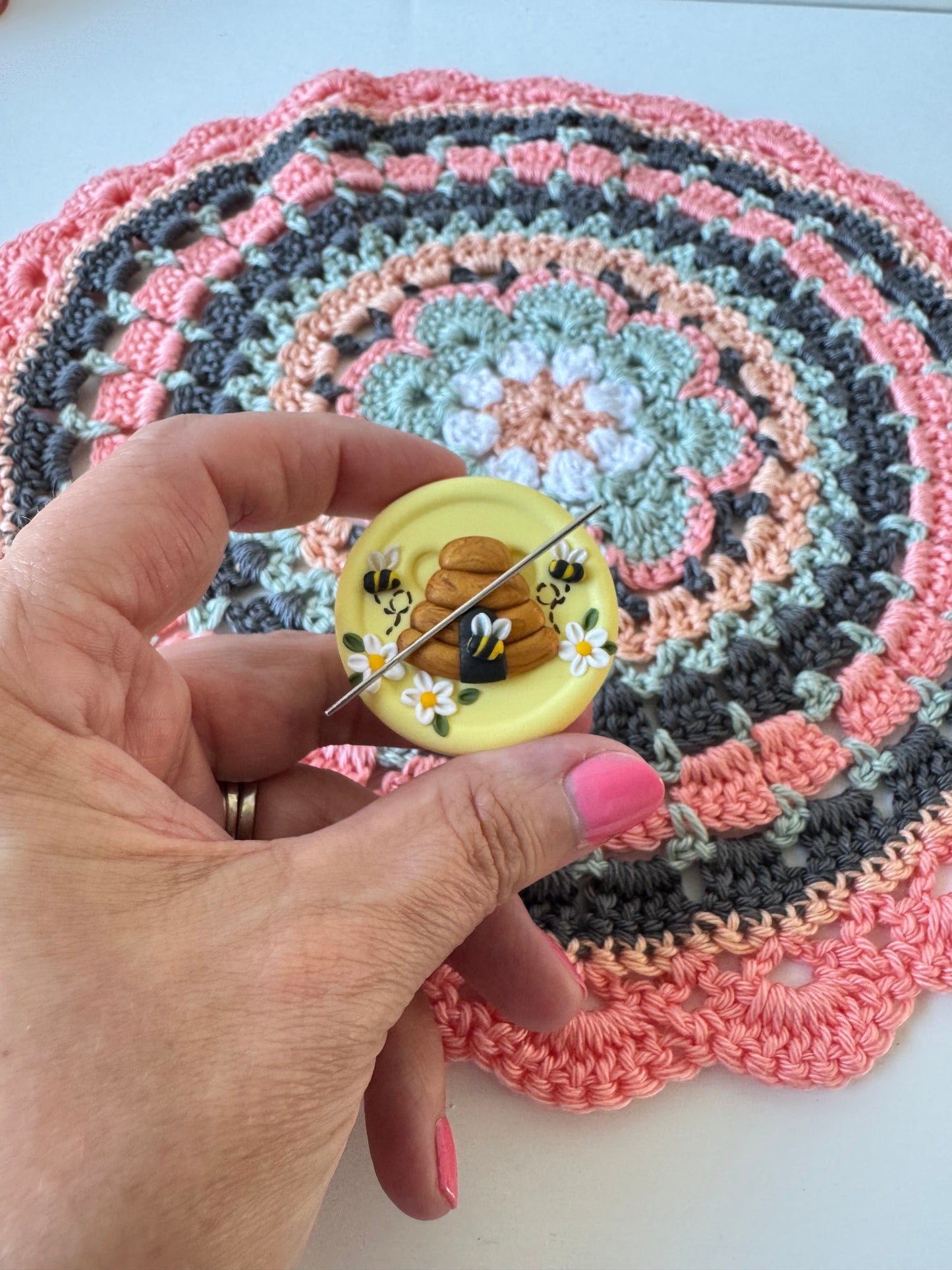 Lemon bee needle minder, beehive needle nanny, pin cushion, cross stitch, fridge magnet, bees and beehive, crochet tools