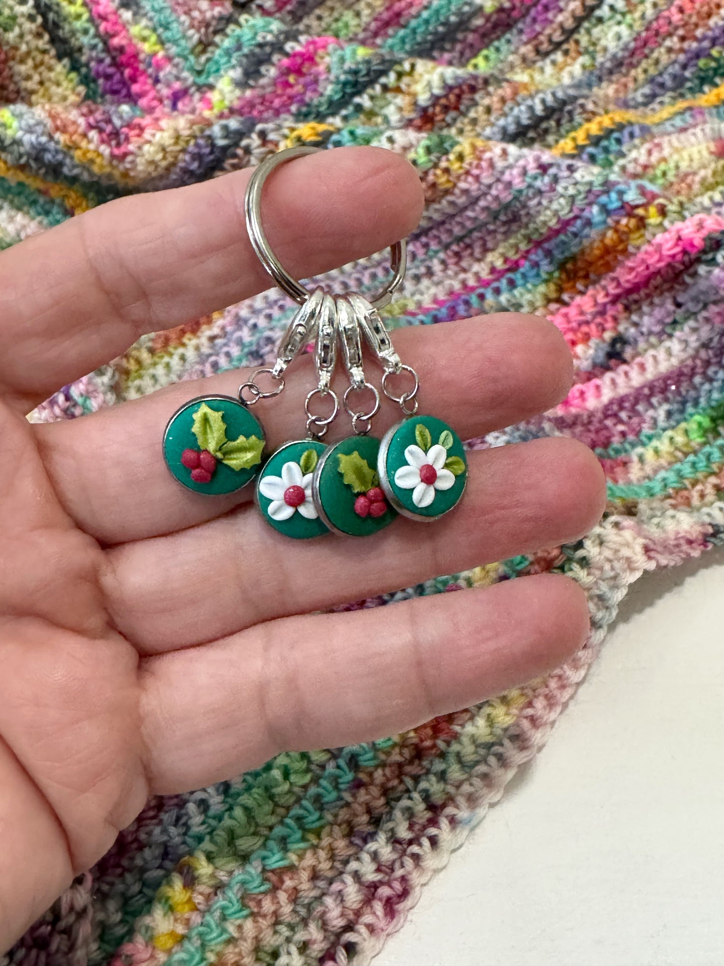 Holly and Flower Stitch Markers, Christmas Progress Keepers