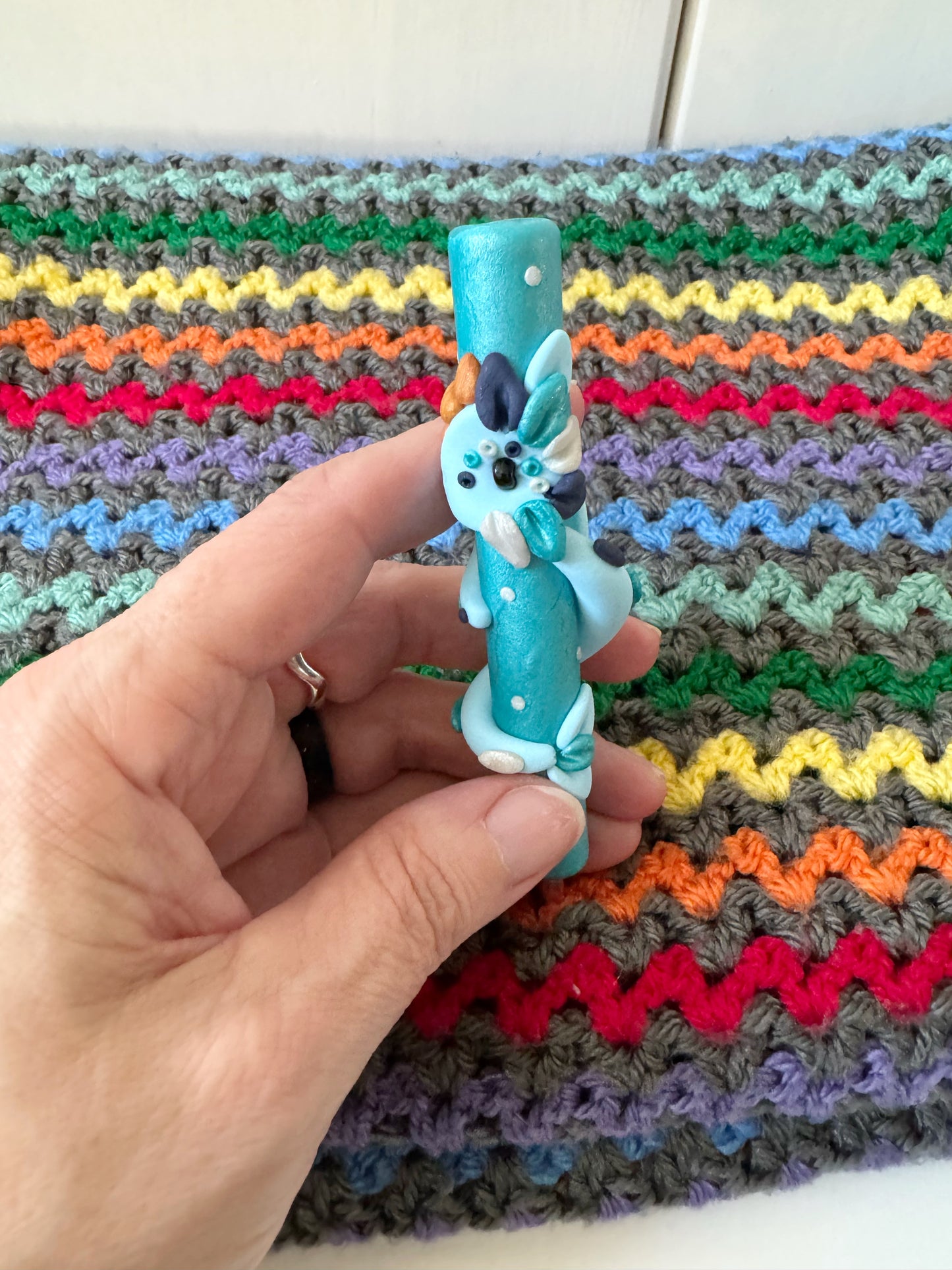 Rainbow Dragon Crochet Hook, Hand Sculpted Polymer Clay
