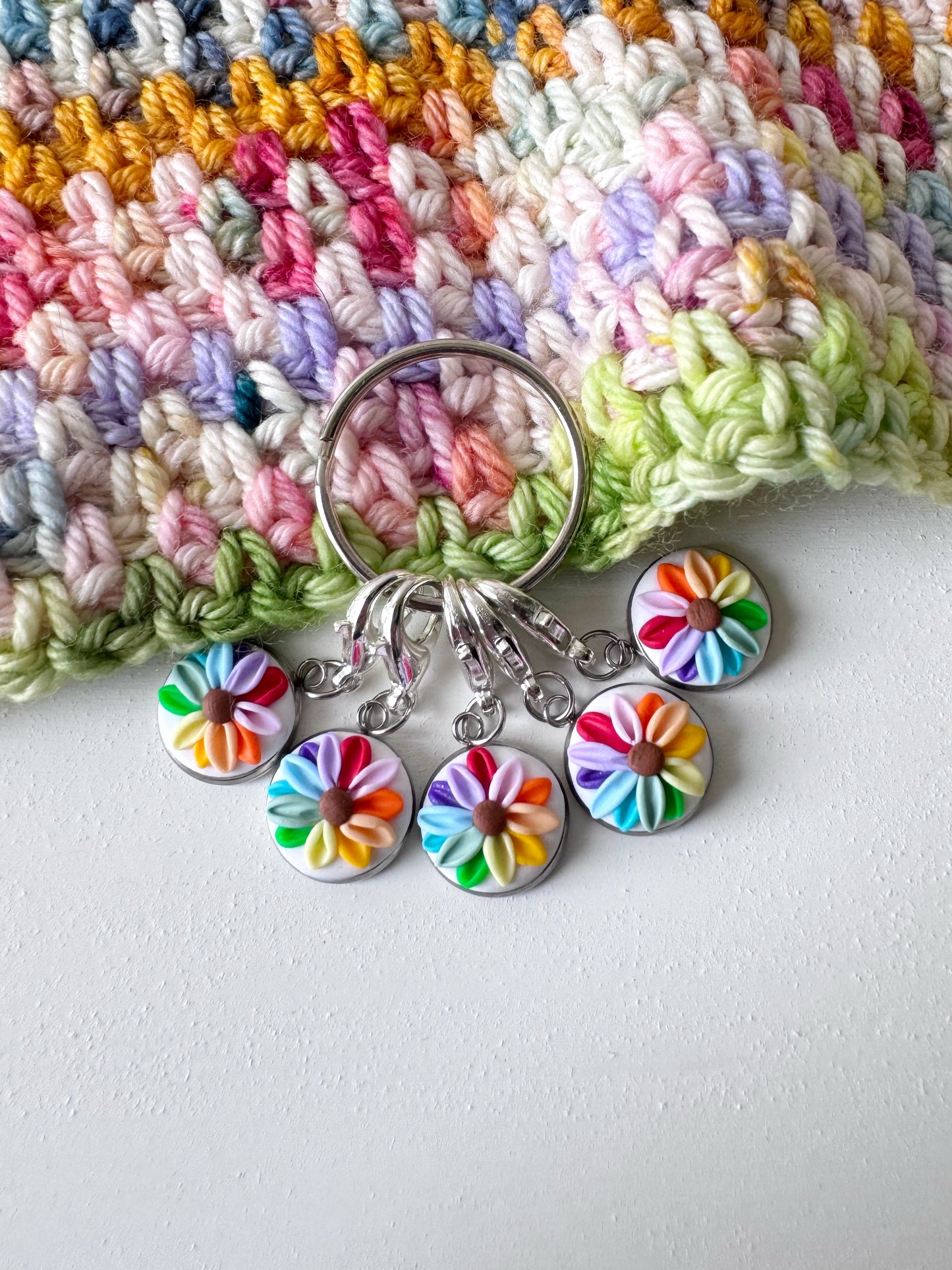 Rainbow Flower Stitch Markers, Lobster Clasp Rainbow Progress Keepers