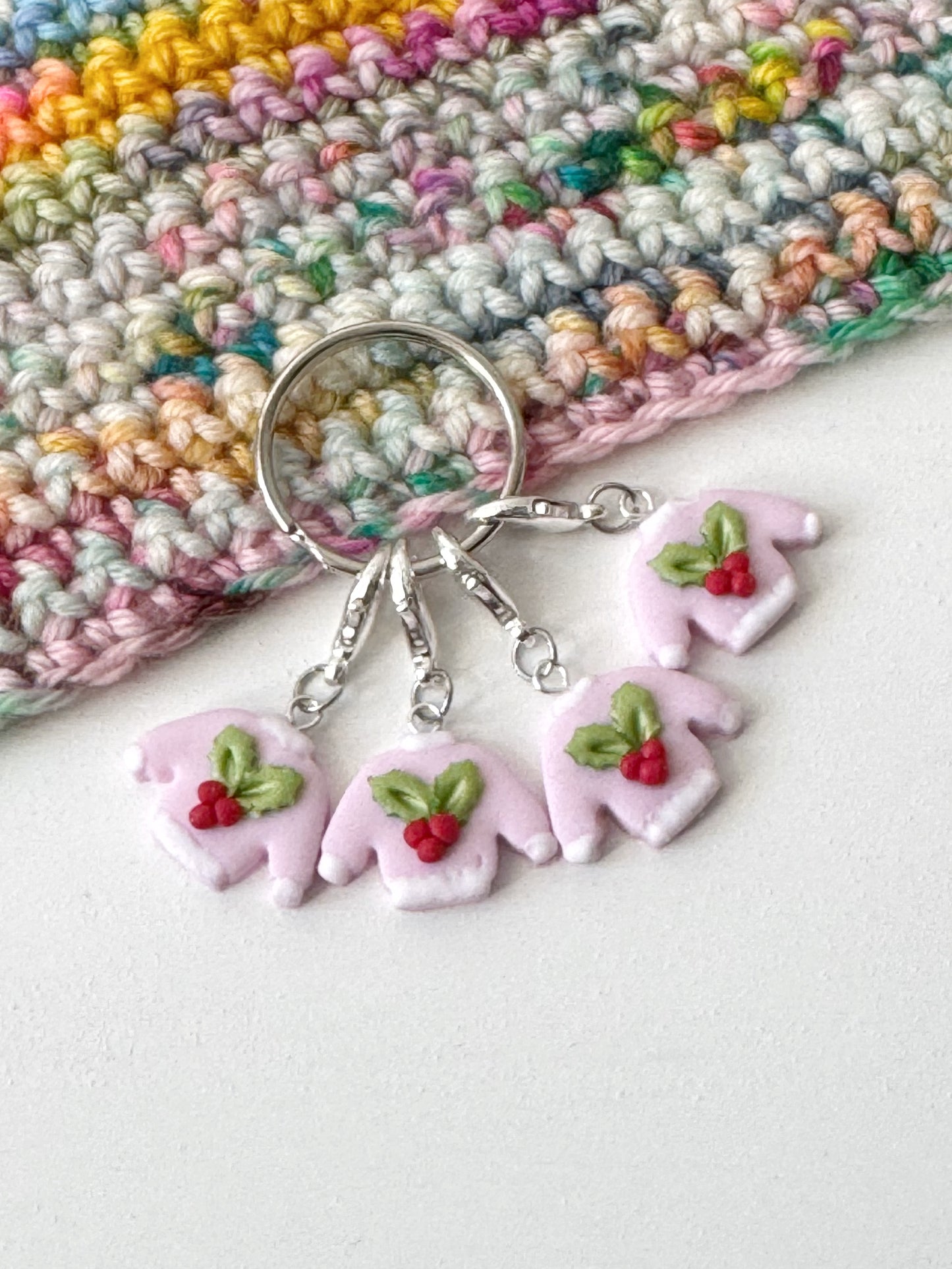 Pink Christmas Jumper Stitch Markers, Festive Progress Keepers