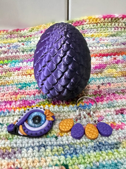 Purple Black Mini 3D Printed Dragon Surprise Egg, Dragons Eye Needle Minder, Surprise Gift for Crocheters and Knitters
