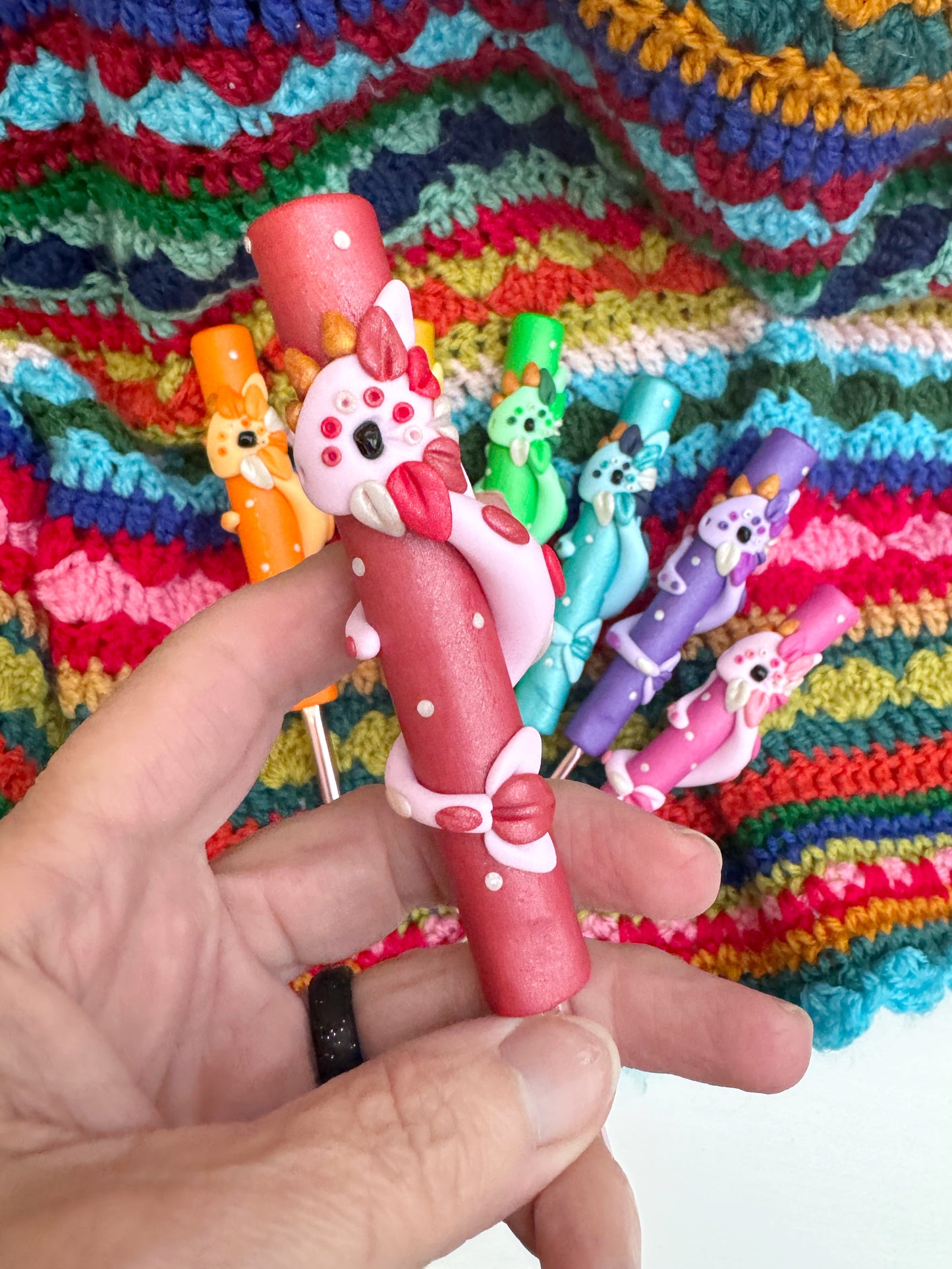 Rainbow Dragon Crochet Hook, Hand Sculpted Polymer Clay