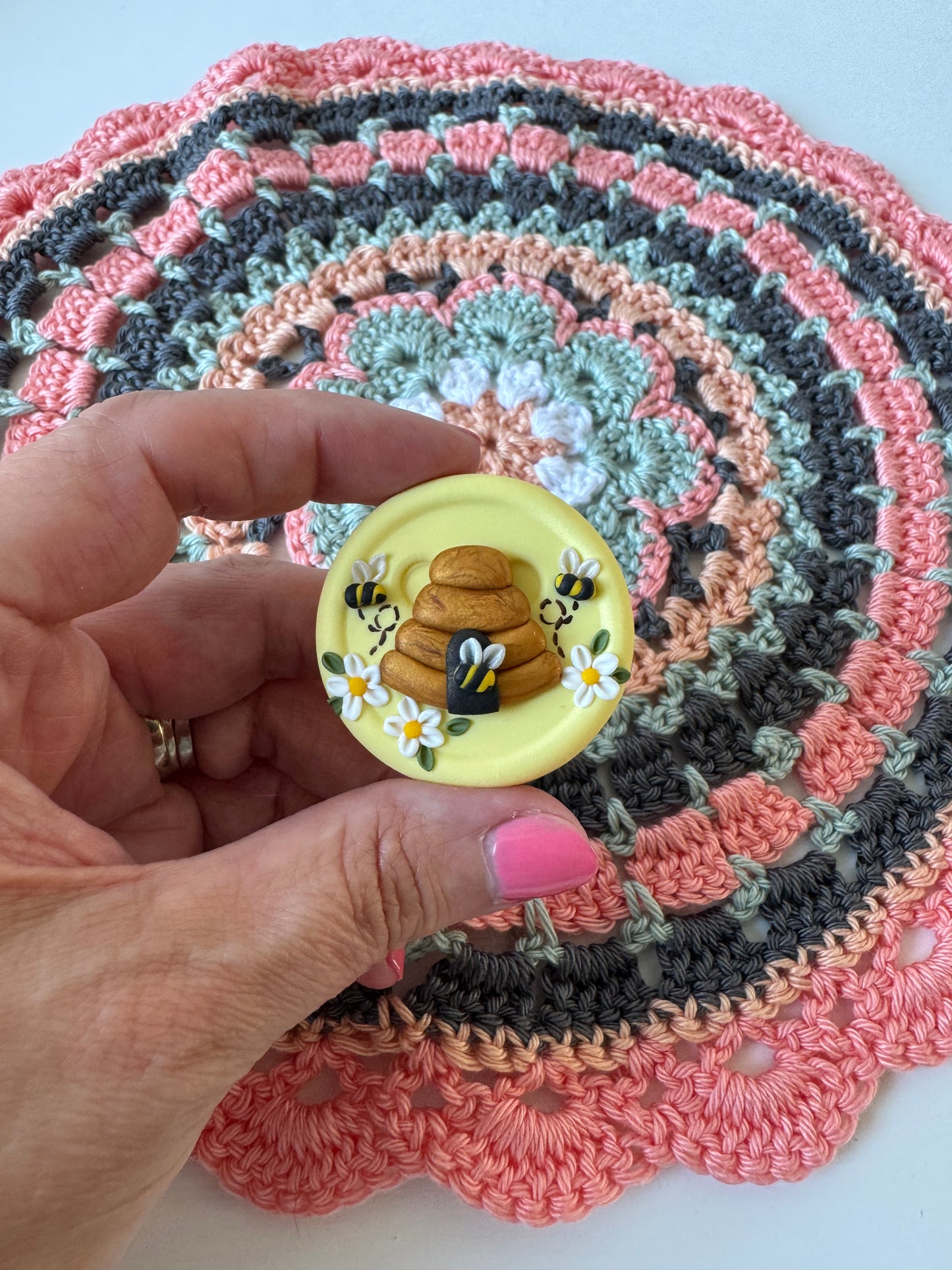 Lemon bee needle minder, beehive needle nanny, pin cushion, cross stitch, fridge magnet, bees and beehive, crochet tools