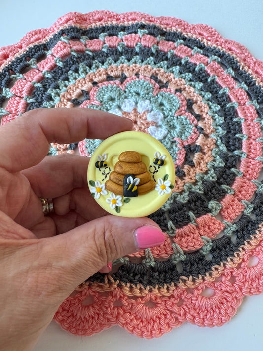 Lemon bee needle minder, beehive needle nanny, pin cushion, cross stitch, fridge magnet, bees and beehive, crochet tools