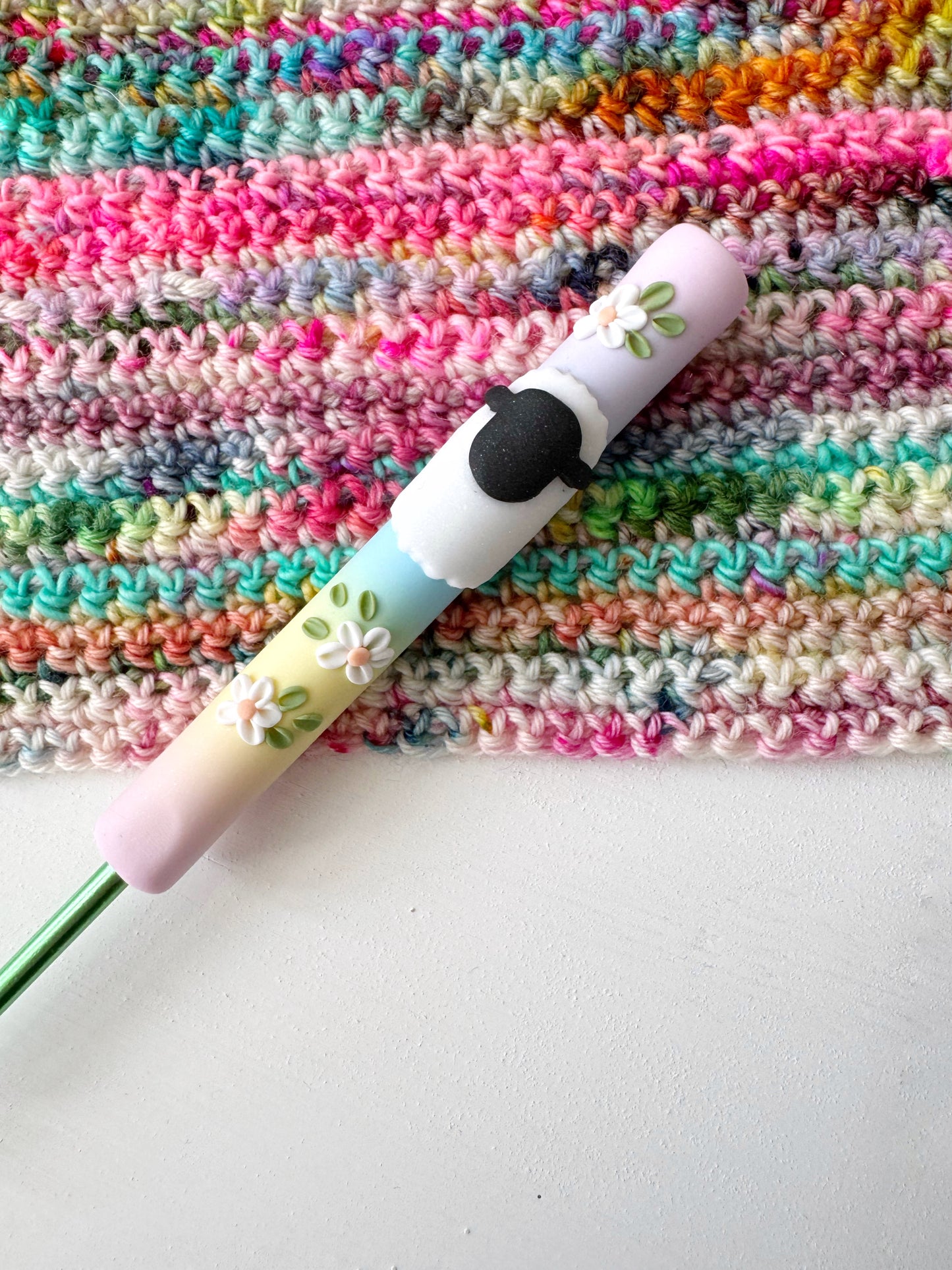 Ombré Rainbow Sheep Crochet Hook, Polymer Clay Animal Crochet Hook