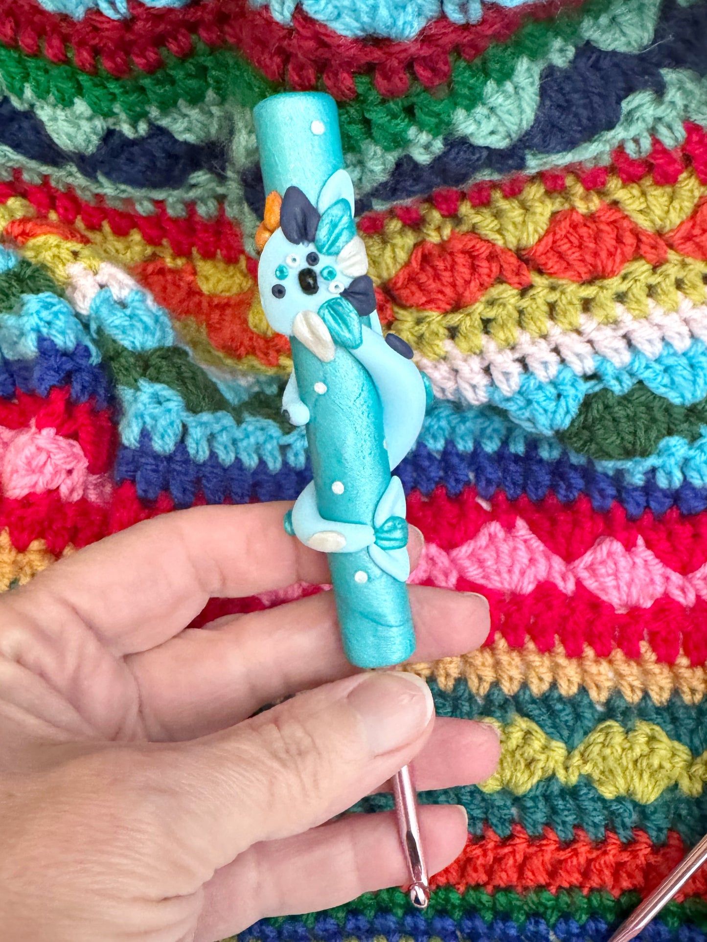 Rainbow Dragon Crochet Hook, Hand Sculpted Polymer Clay