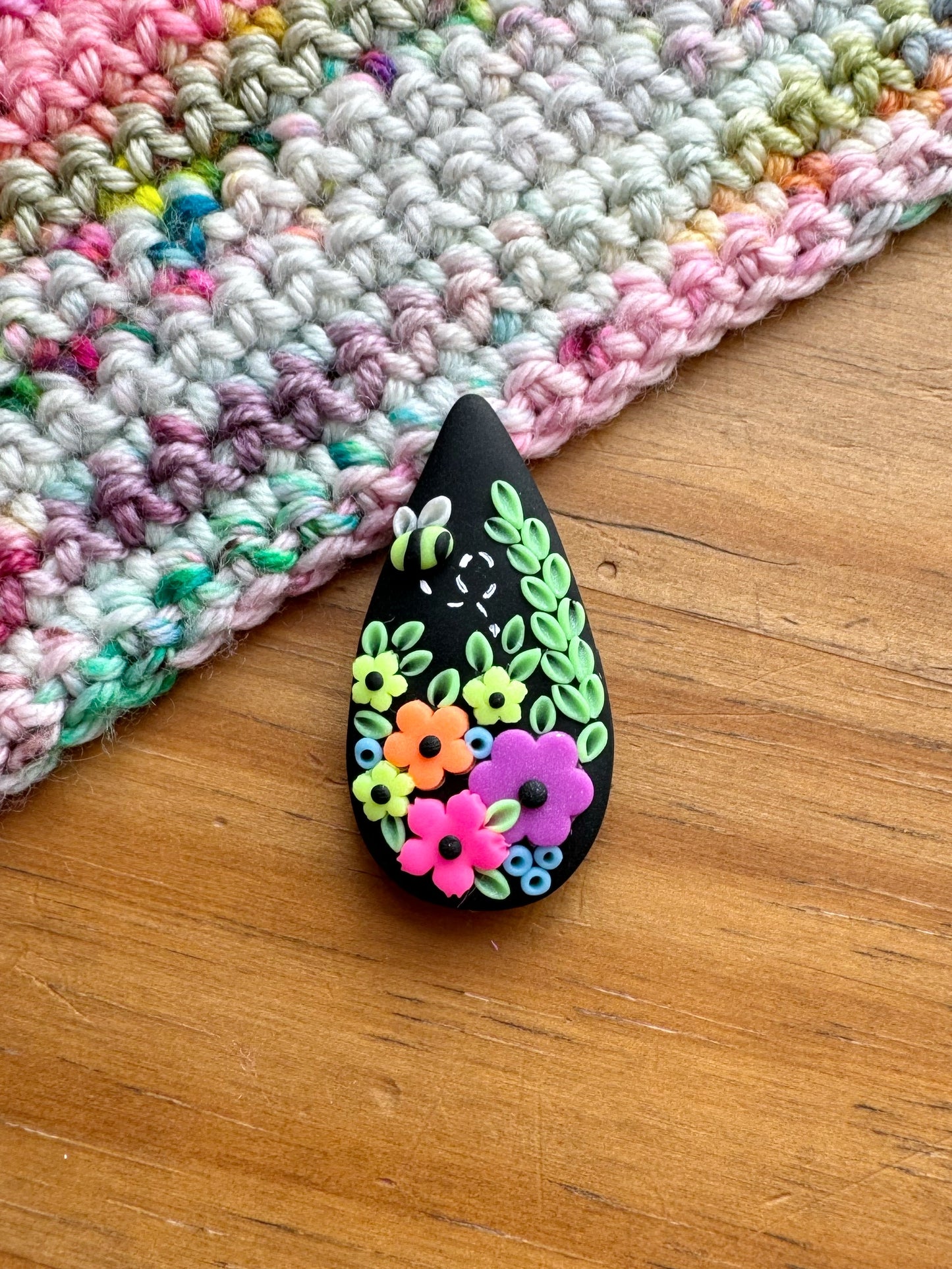 Neon Wildflower Needle Minder, Black Teardrop Cover Minder, Floral Sewing Magnet