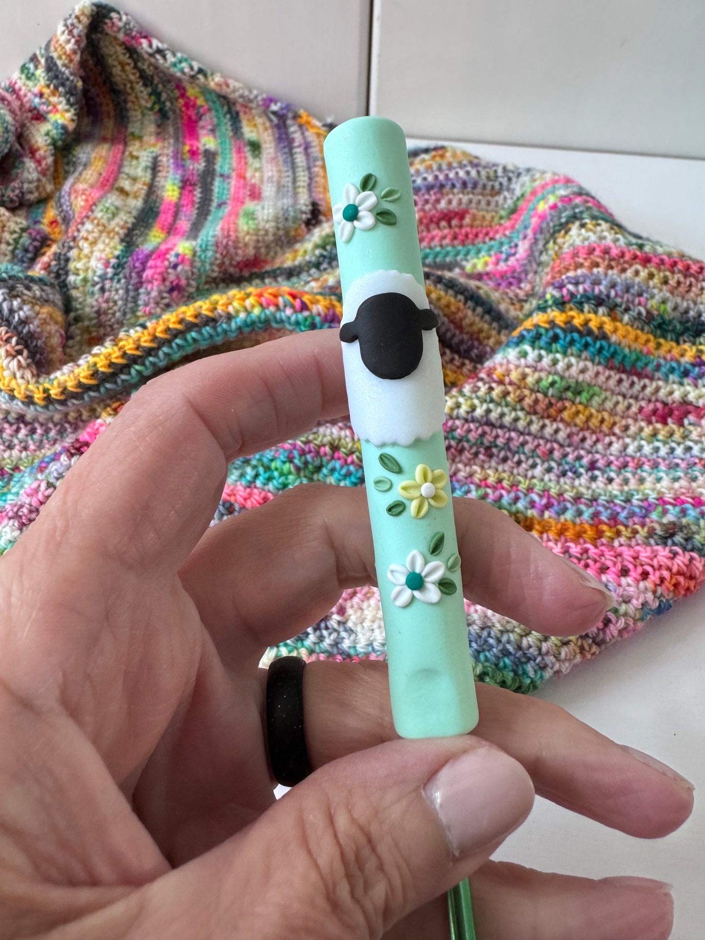 Pastel Sheep Crochet Hook, Polymer Clay Ergonomic Crochet Hook