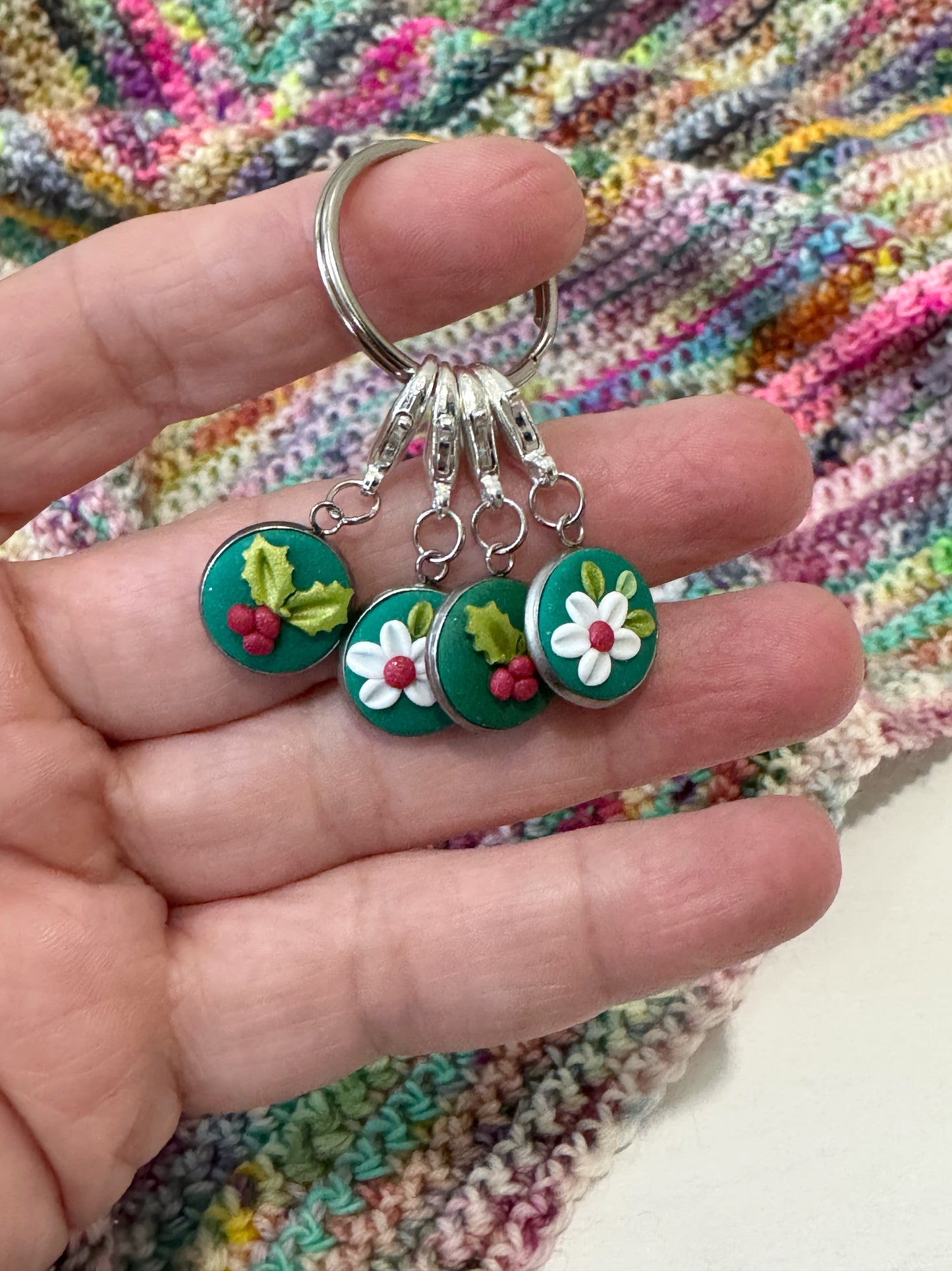 Holly and Flower Stitch Markers, Christmas Progress Keepers