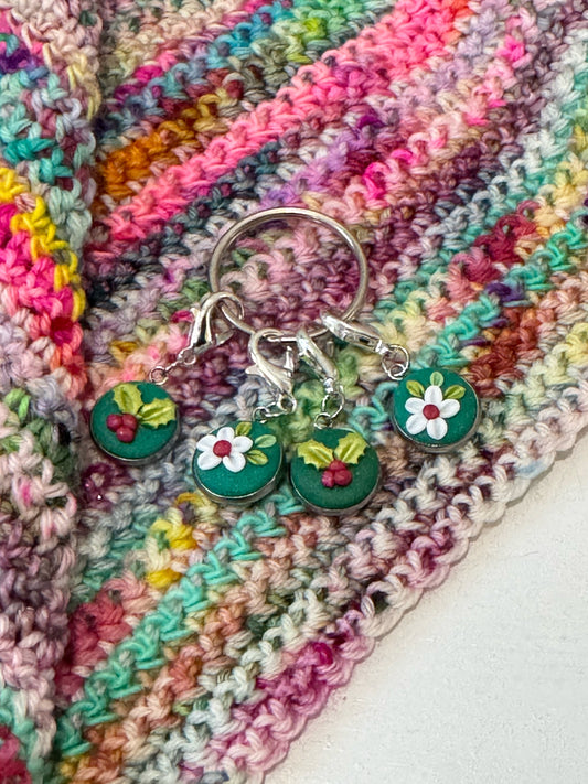 Holly and Flower Stitch Markers, Christmas Progress Keepers