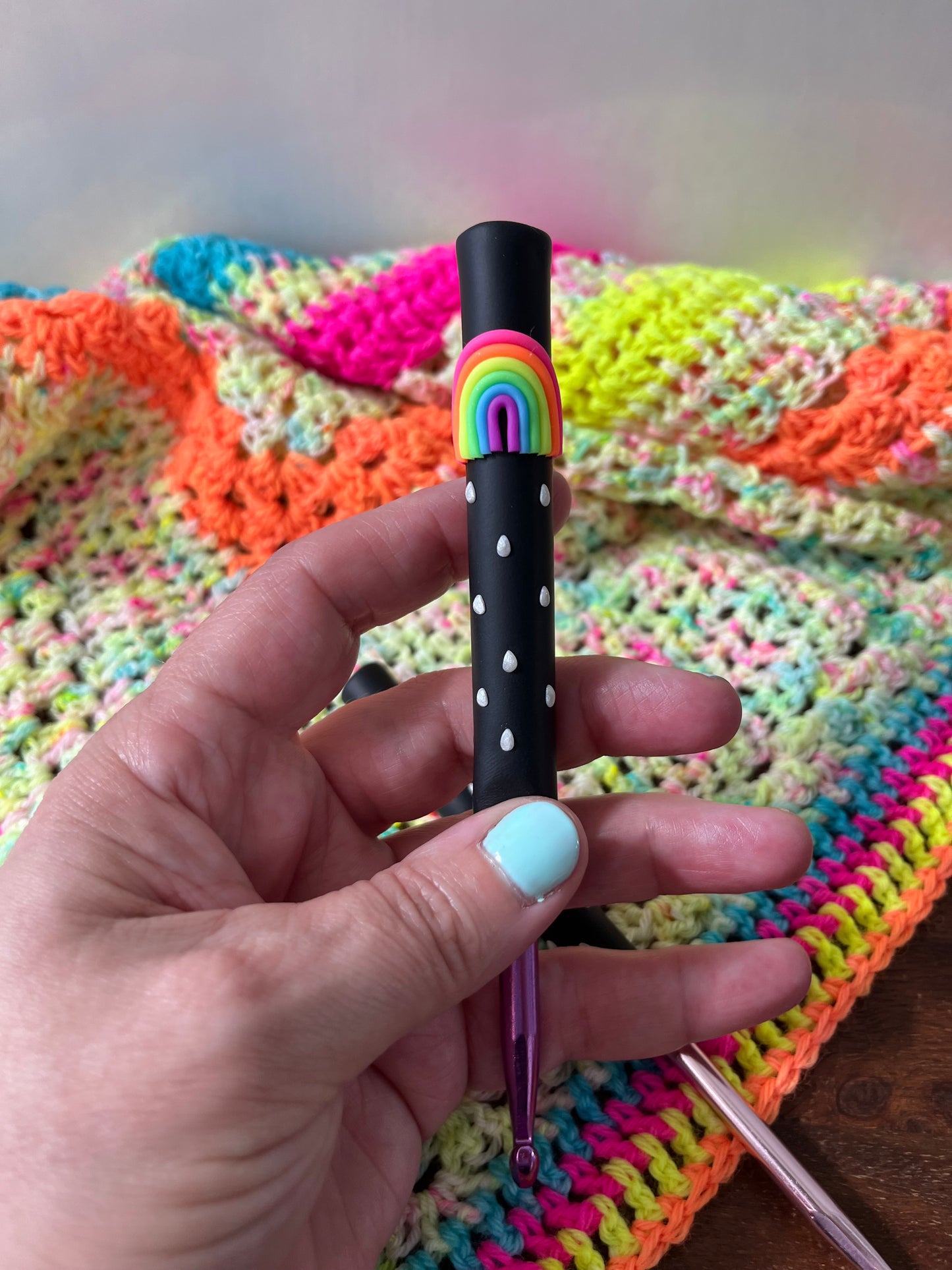 Neon rainbow crochet hook, polymer clay fancy crochet hooks, crochet supplies