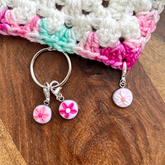 Pink trio of pretty flower stitch markers, crochet progress keepers, autumn accessories, gift for her, stitch holders, pattern markers