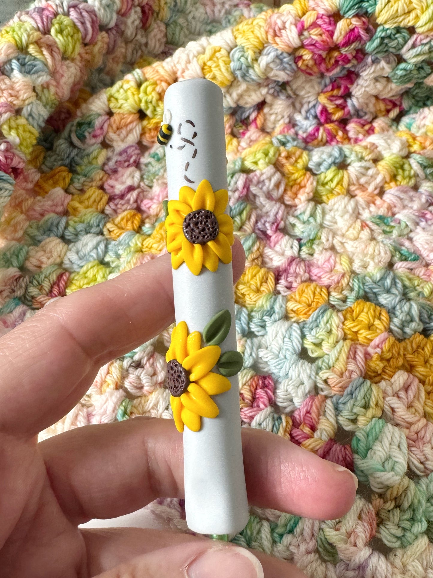 Grey Sunflower Polymer Clay Crochet Hook