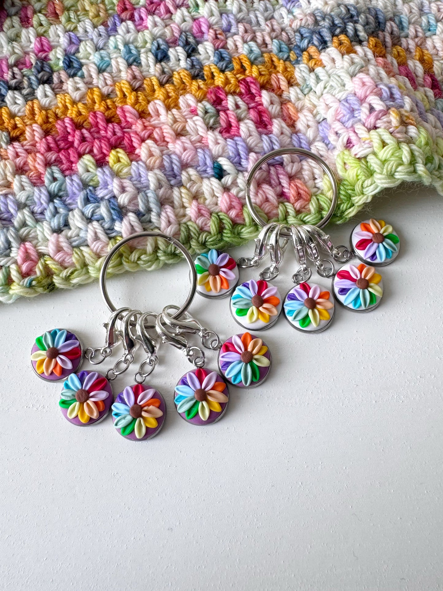 Rainbow Flower Stitch Markers, Lobster Clasp Rainbow Progress Keepers