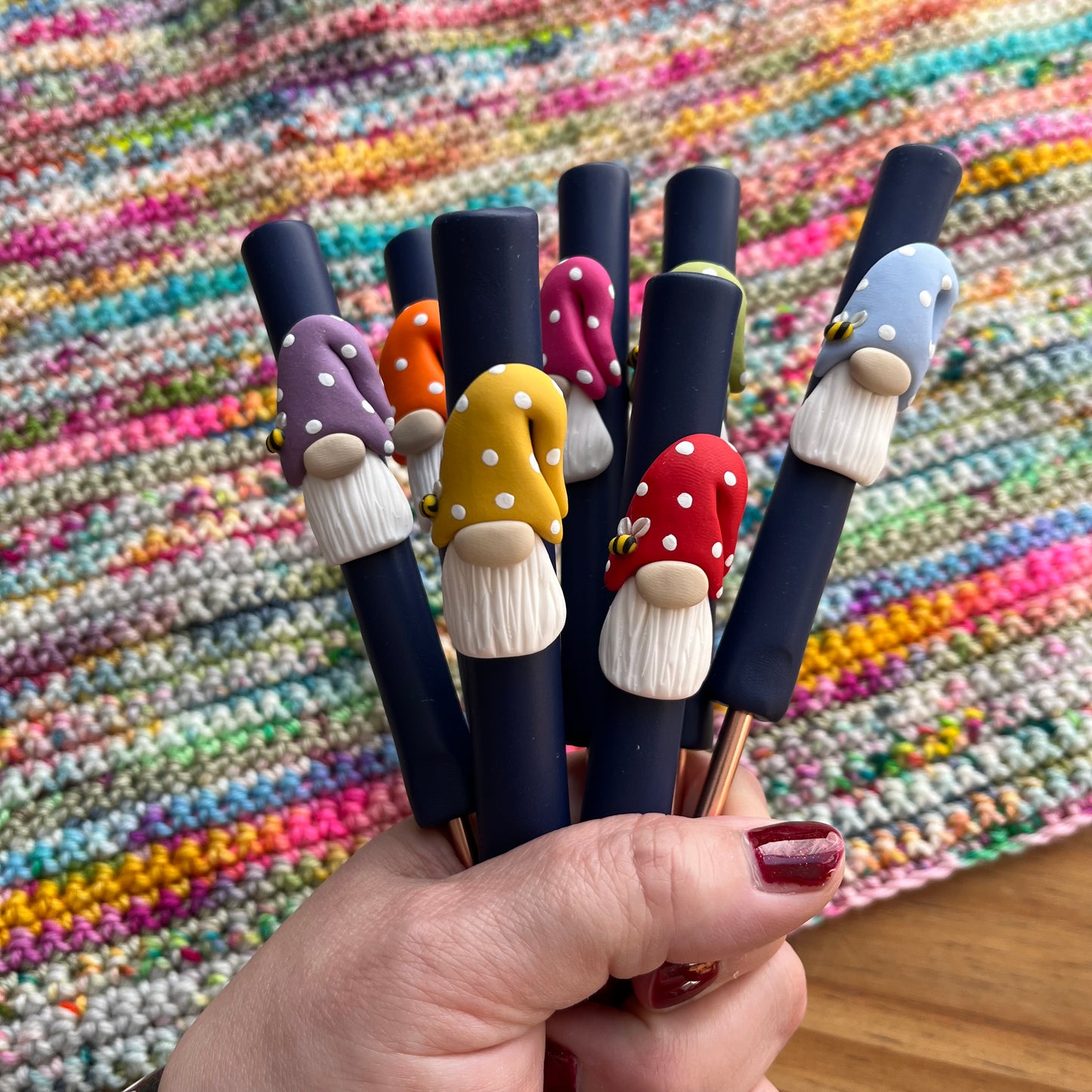 Set of 7 rainbow gnome gonk crochet hooks, crochet hook set, polymer clay ergonomic crochet hooks