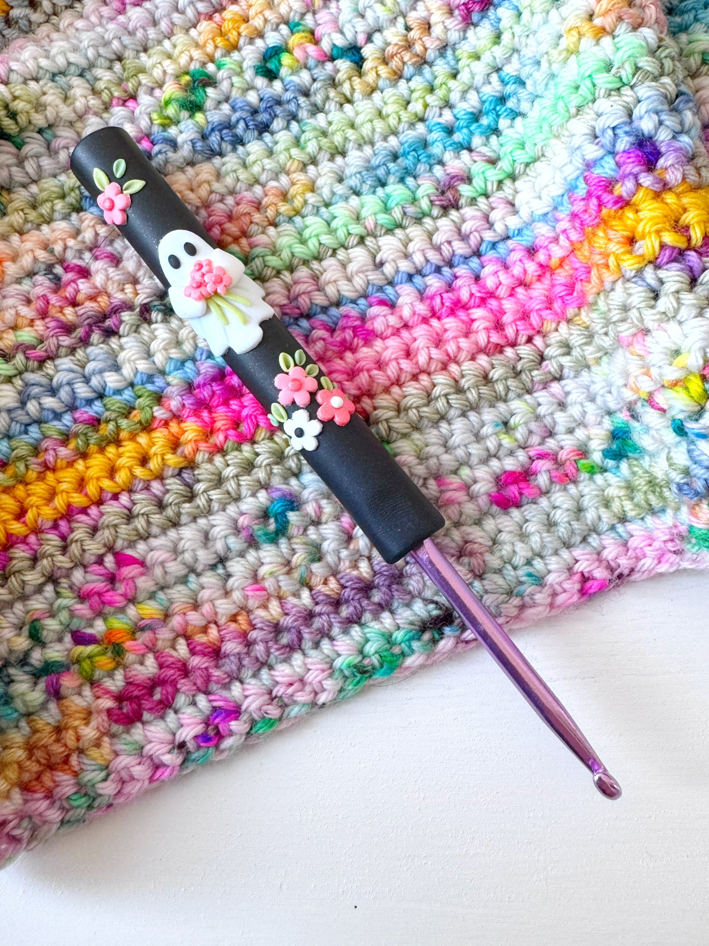 Flower Ghost Polymer Clay Crochet Hook, Halloween Crochet Hook