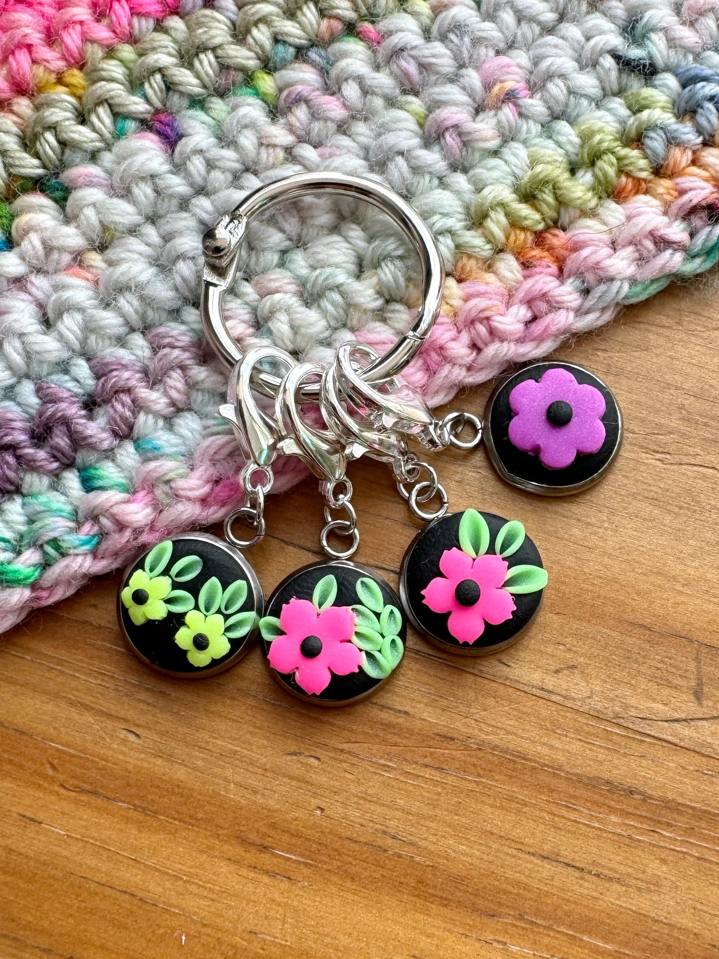 Neon Wildflower Stitch Markers, Progress Keepers for Knitting and Crochet