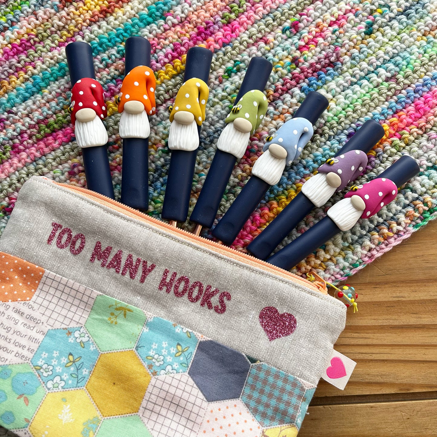 Set of 7 rainbow gnome gonk crochet hooks, crochet hook set, polymer clay ergonomic crochet hooks