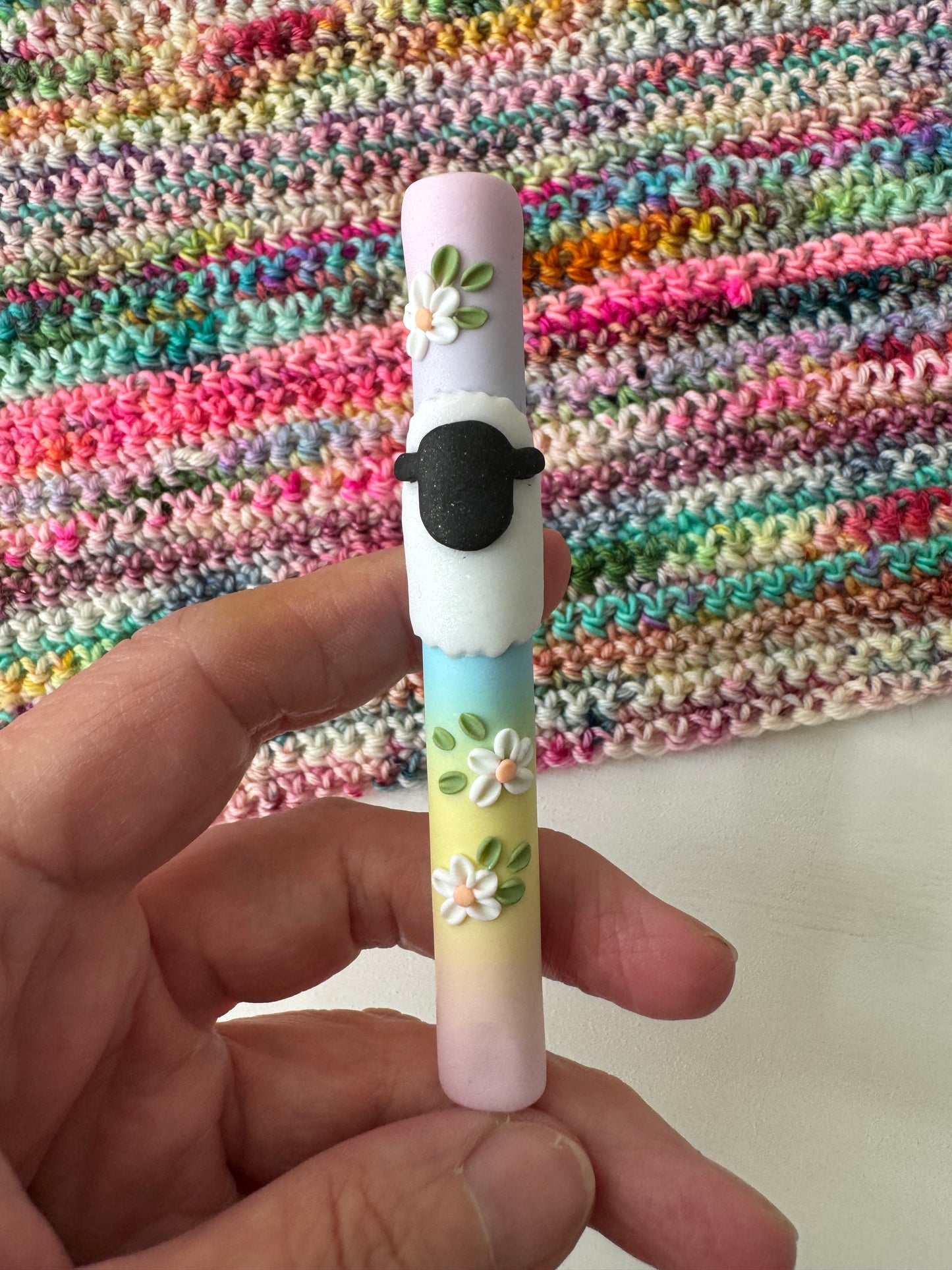 Ombré Rainbow Sheep Crochet Hook, Polymer Clay Animal Crochet Hook