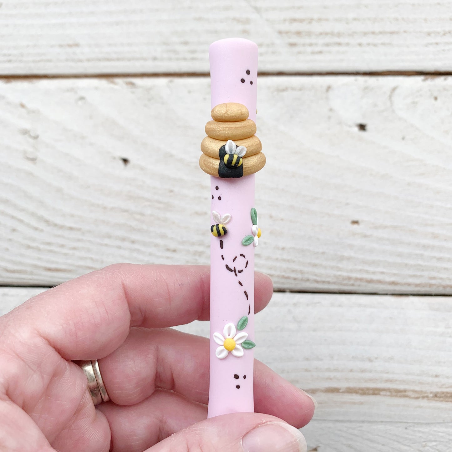 pastel pink beehive ergonomic crochet hook, polymer clay crochet hook, craft supplies, gift for her
