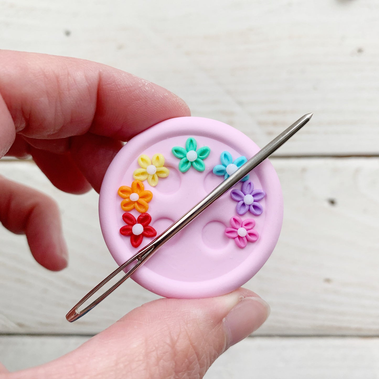 Pink rainbow button magnetic needle minder, needle keeper, sewing accessories