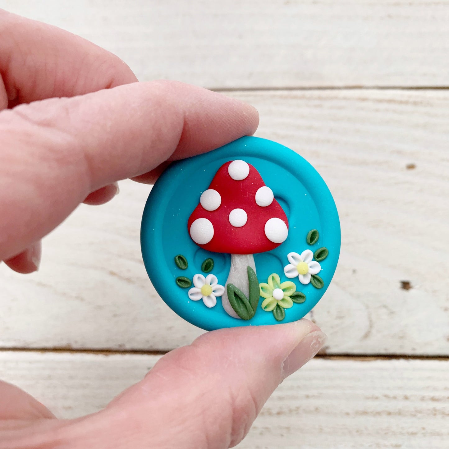 Mushroom button magnetic needle minder, needle keeper, sewing accessories, spotty toadstool