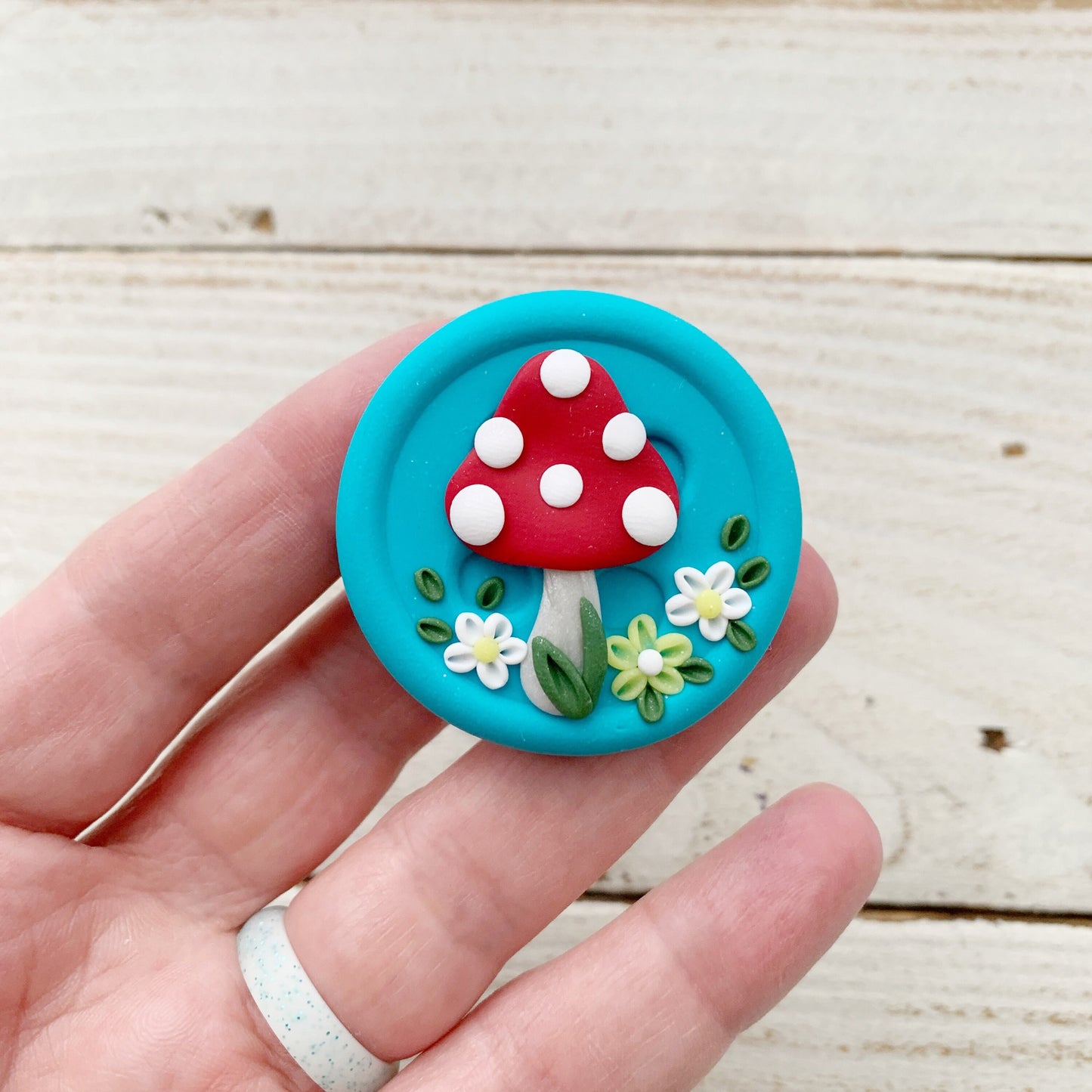 Mushroom button magnetic needle minder, needle keeper, sewing accessories, spotty toadstool