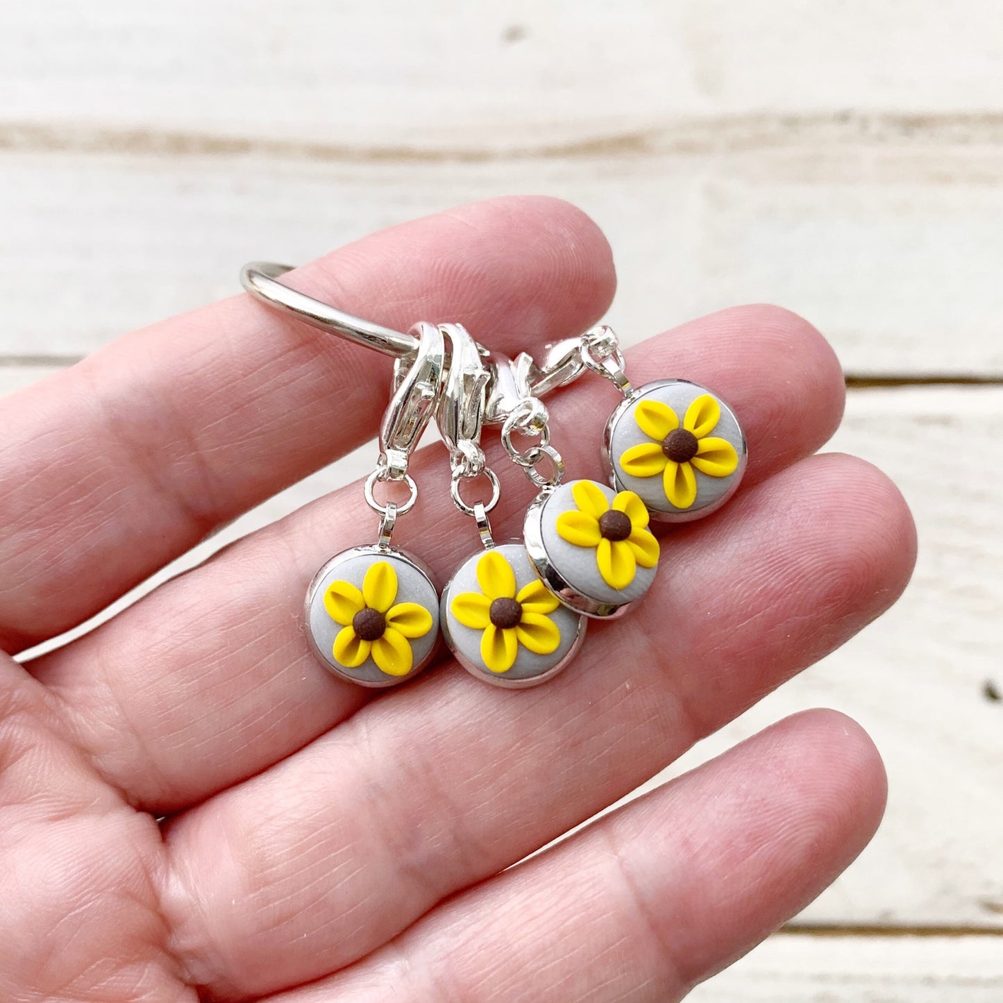 Yellow and grey flower stitch markers set, crochet progress keepers, gift for a crafter, crochet notions