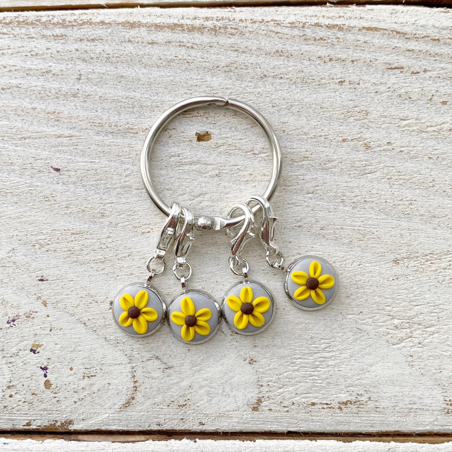 Yellow and grey flower stitch markers set, crochet progress keepers, gift for a crafter, crochet notions