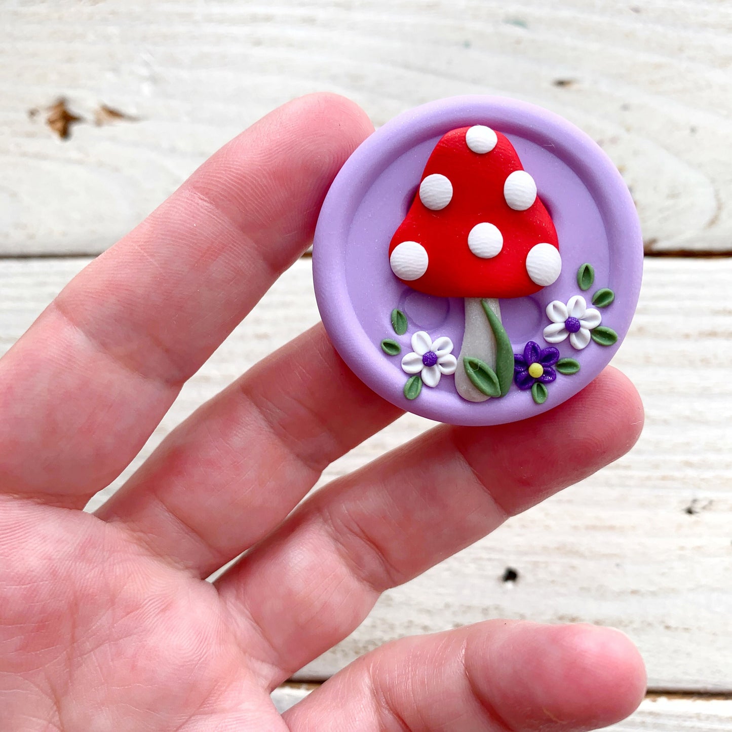 purple mushroom button, magnetic needle minder, needle keeper, sewing accessories, spotty toadstool, mushroom magnet