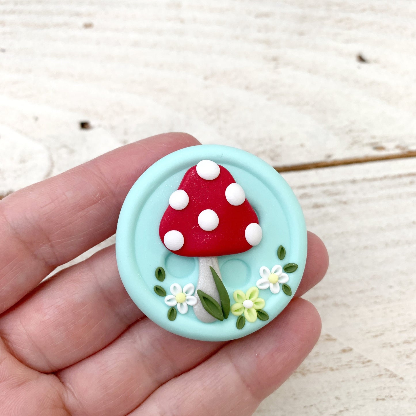 Mint mushroom needle minder, needle keeper, sewing accessories, spotty toadstool, magnetic button needle holder