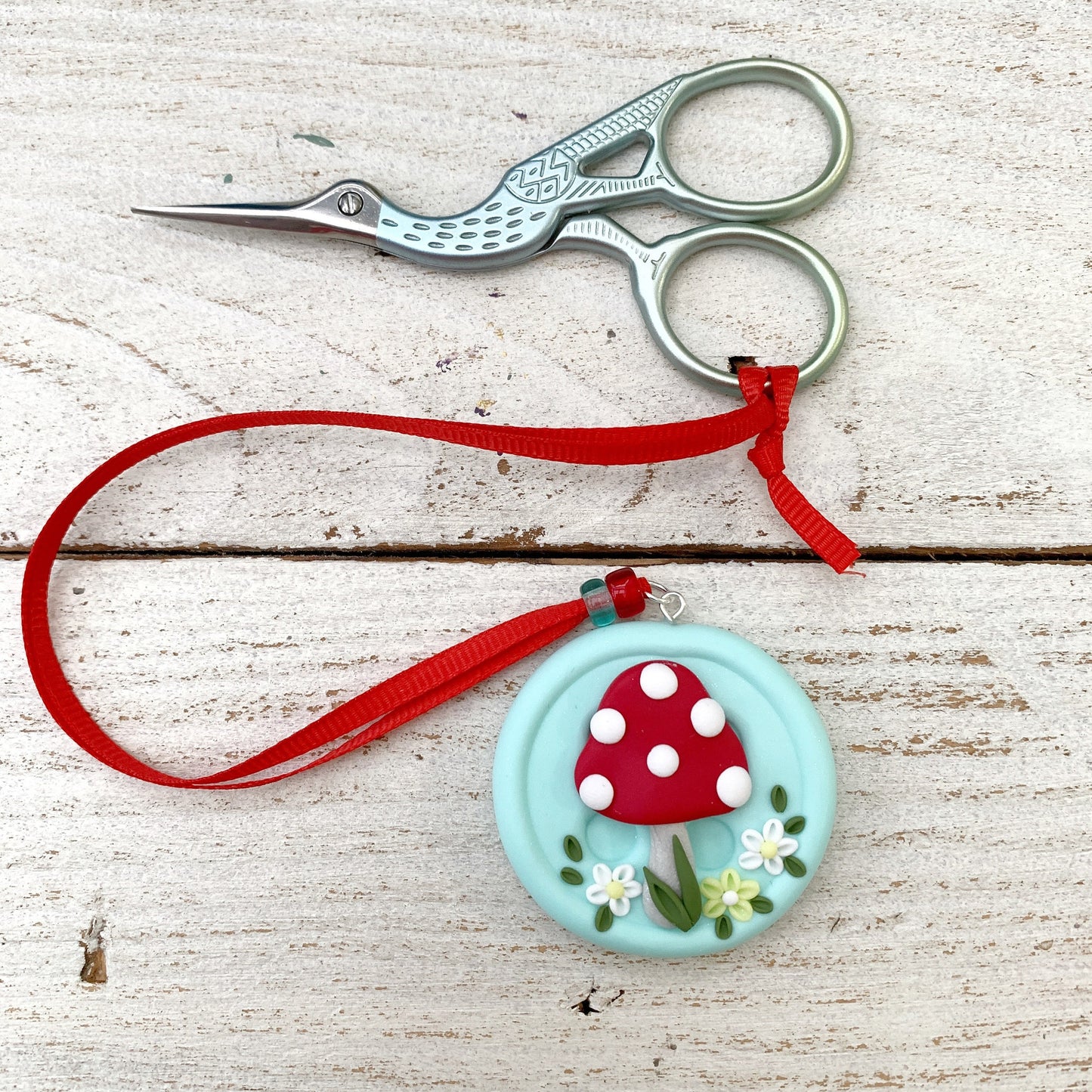 Mint mushroom scissor fob, scissor keeper, crochet tools, gift for her, photo props, cross stitch accessories