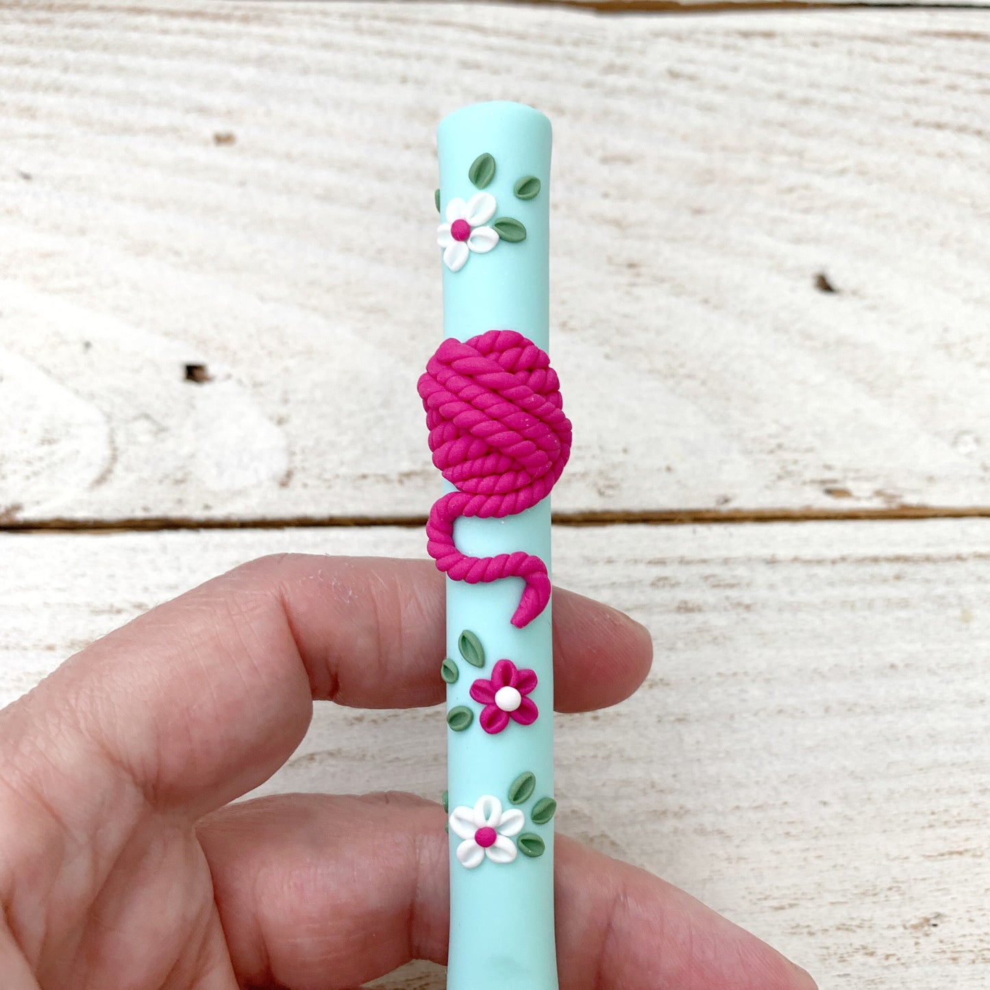 Pink and mint yarn ball crochet hook, ergonomic crochet hook, polymer clay covered crochet hooks, yarn ball, crochet tools