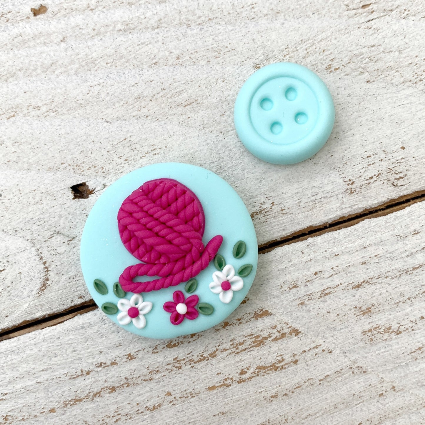 Mint and pink yarn ball magnetic needle minder, needle holder, cross stitch gifts, gift for her, crochet tools