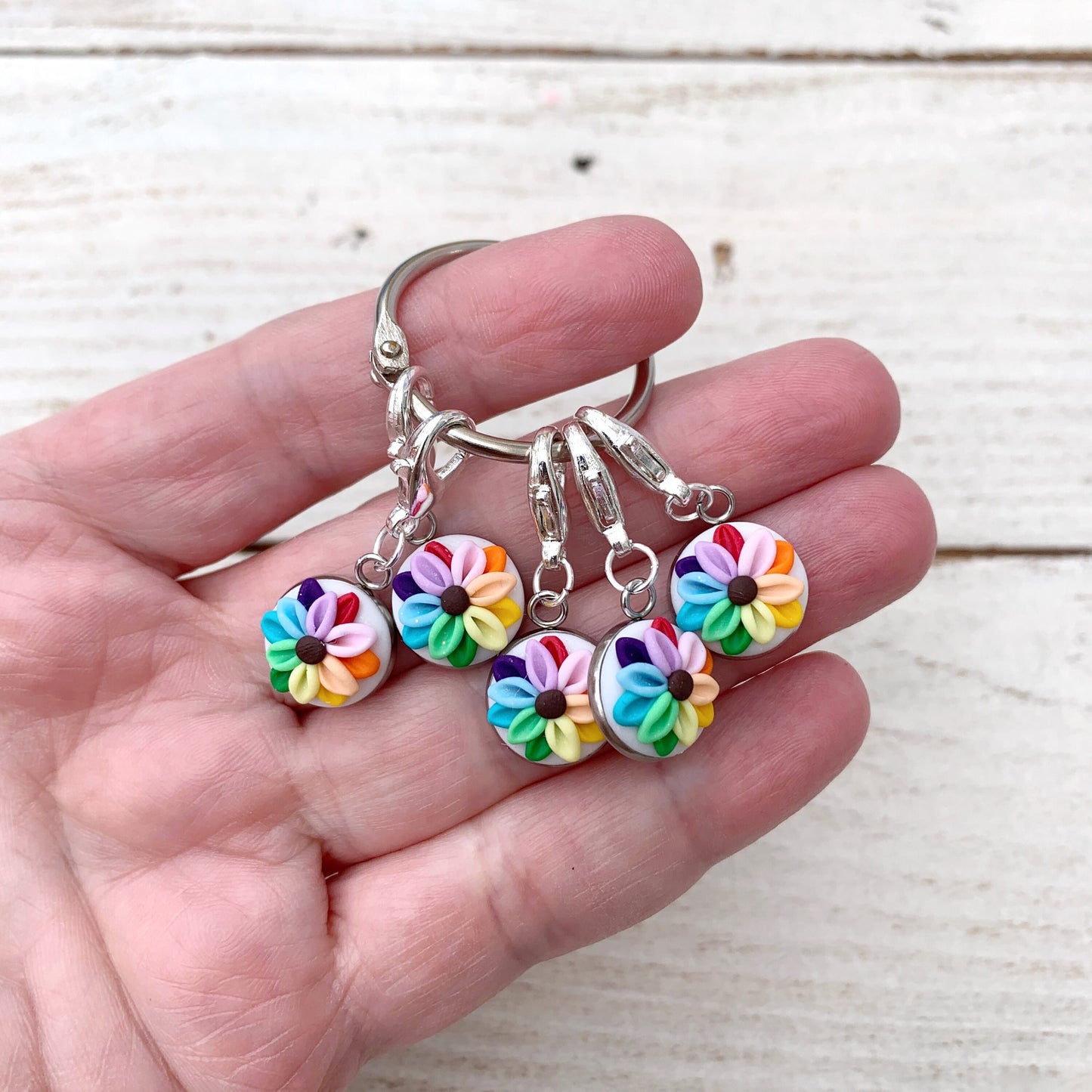 rainbow flower stitch markers, crochet progress keepers, gift for a crafter, polymer clay charms