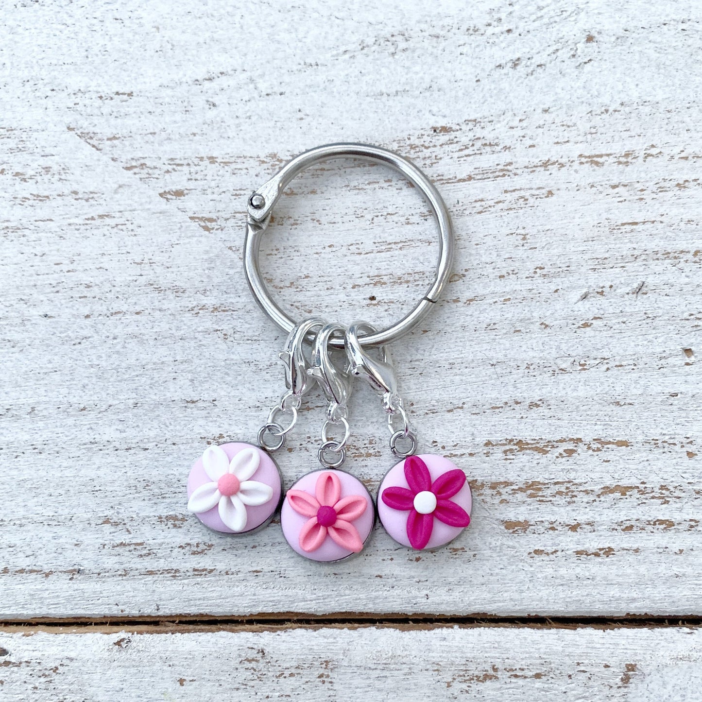 Pink trio of pretty flower stitch markers, crochet progress keepers, autumn accessories, gift for her, stitch holders, pattern markers