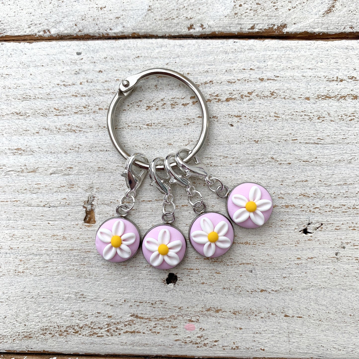 Pink daisy stitch markers, crochet progress keepers, gift for a crafter, polymer clay charms