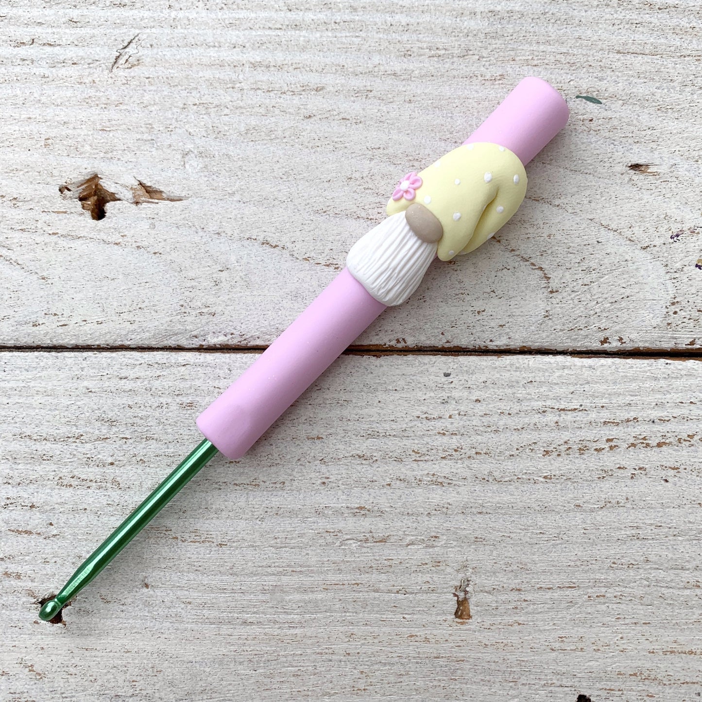 Spring Tomte gnome crochet hook, polymer clay pastel crochet hooks, gonk crochet hooks, yarn accessories, Easter gnomes