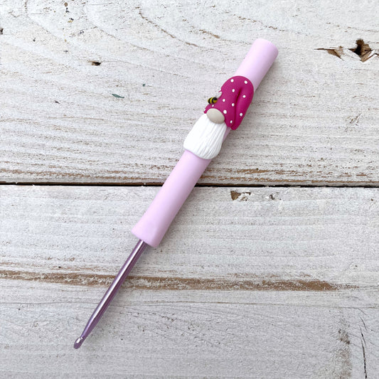 Pink bee hat gnome crochet hook, polymer clay pastel crochet hooks, gonk crochet hooks