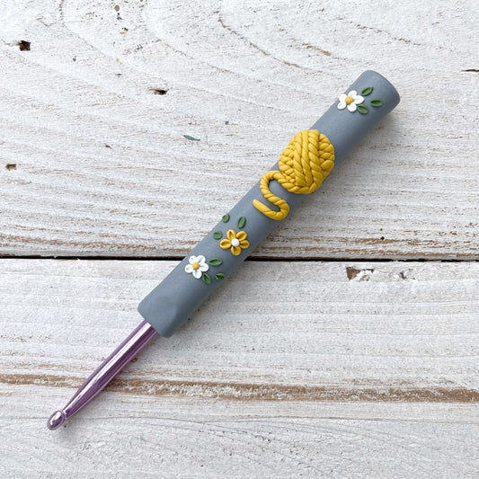 Mustard yarn ball polymer clay crochet hook, ergonomic crochet hooks