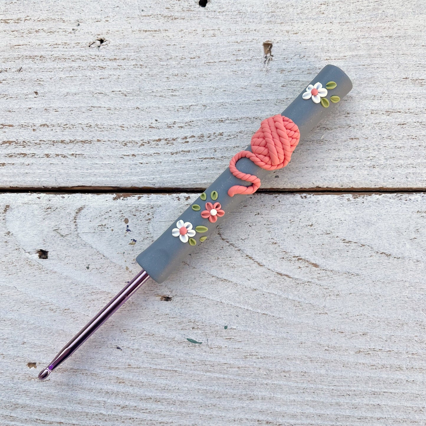 Pink grapefruit yarn ball polymer clay crochet hook, fancy crochet hooks