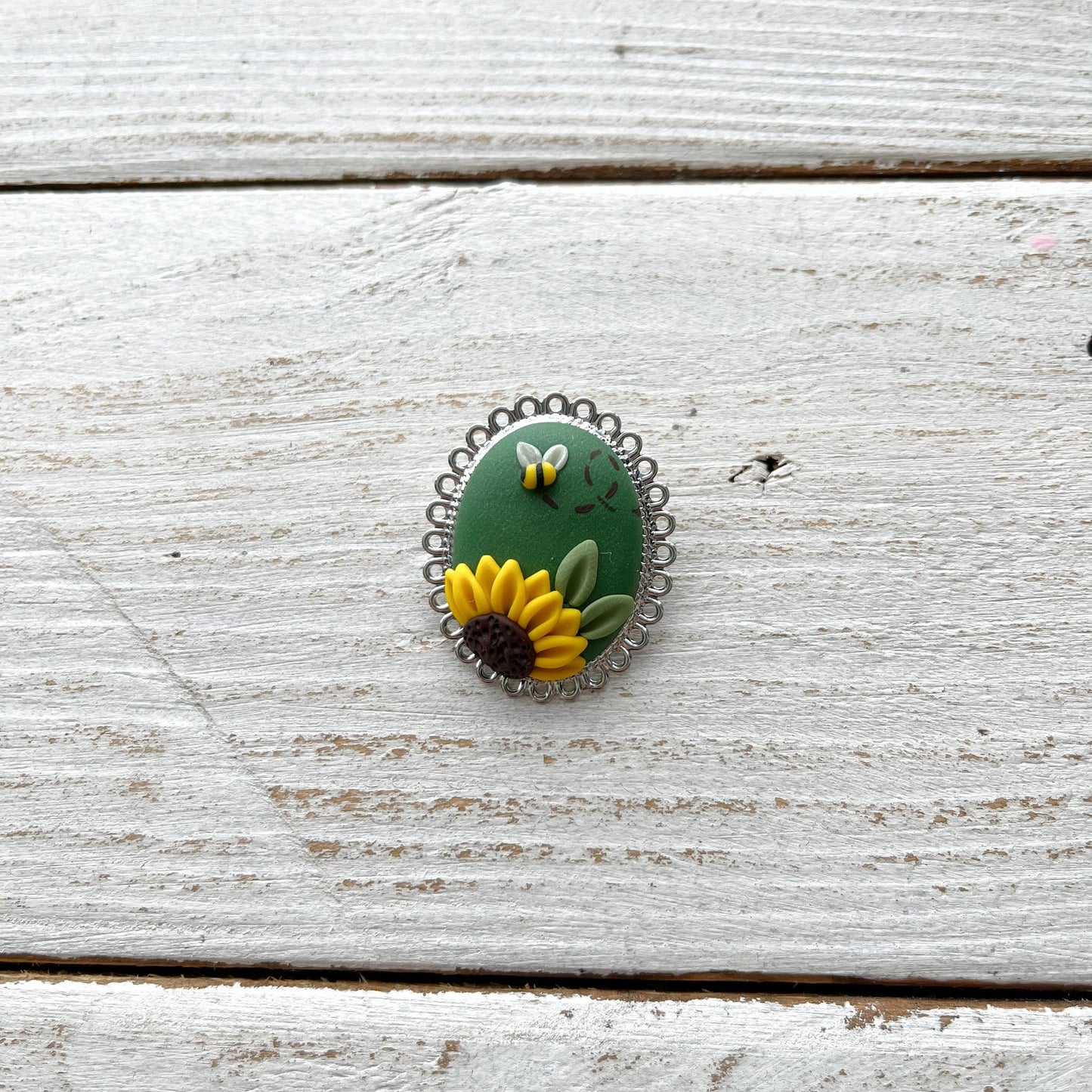 Sunflower brooch, polymer clay appliqué pin brooch