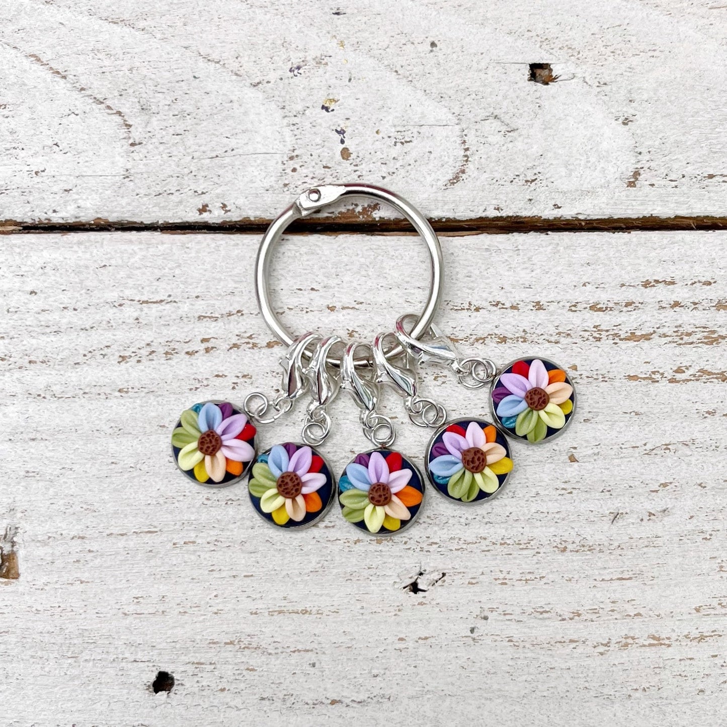 Navy rainbow flower stitch markers, crochet progress keepers, gift for a crafter, polymer clay charms