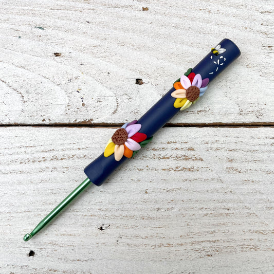 Navy rainbow flower polymer clay crochet hook, ergonomic crochet hooks