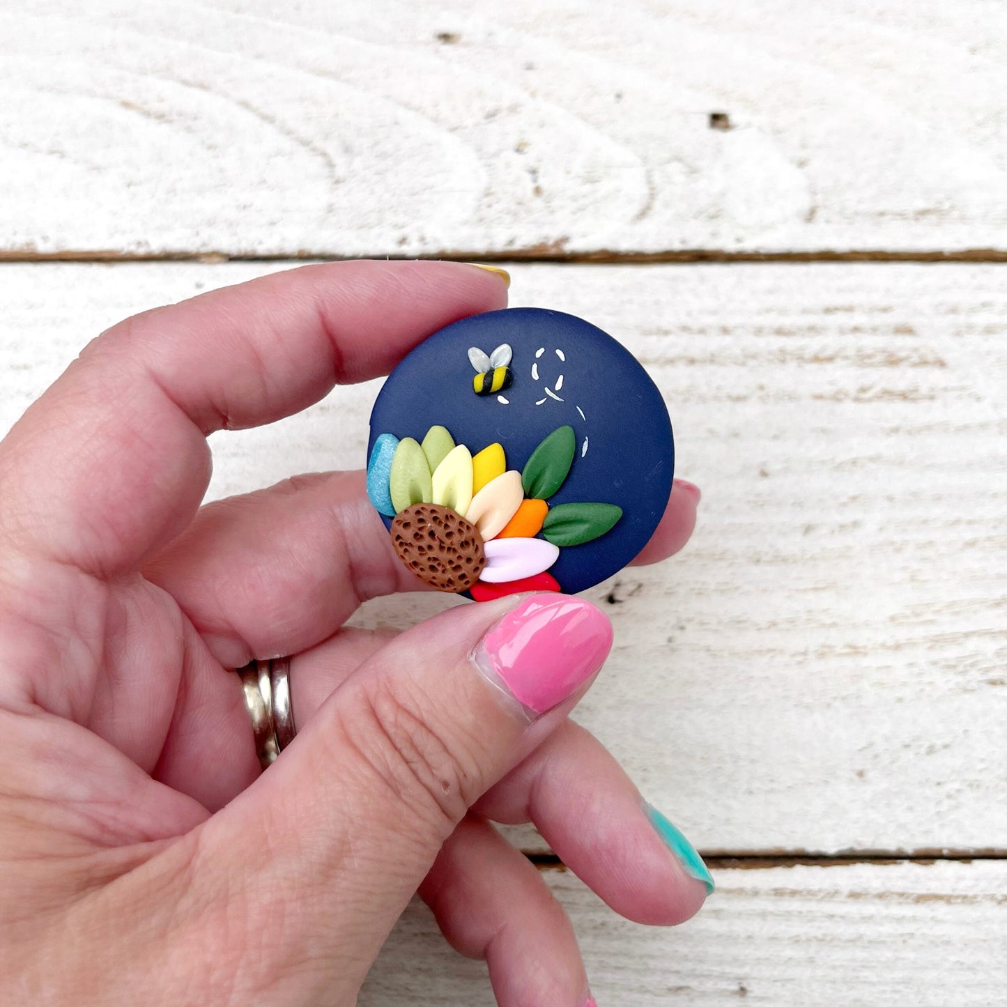 Navy rainbow flower needle minder, needle keeper, magnetic needle holder, flower magnet